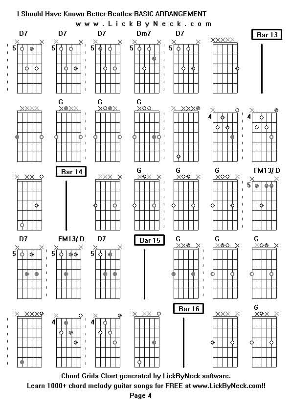 Chord Grids Chart of chord melody fingerstyle guitar song-I Should Have Known Better-Beatles-BASIC ARRANGEMENT,generated by LickByNeck software.